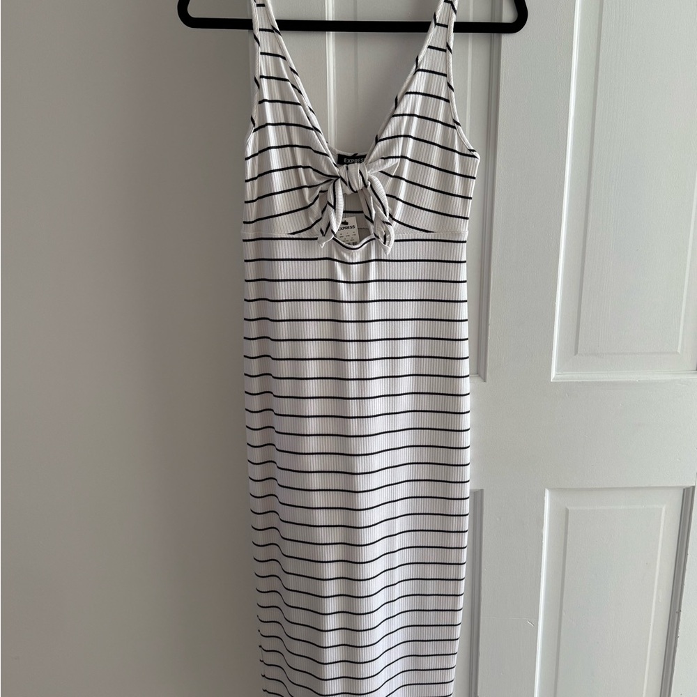 Express White Ribbed Midi Dress with Black Stripes